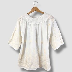 Sorrento Ivory Embroidered Tunic Top Size M Cotton Smocked Neck Boho Cottagecore